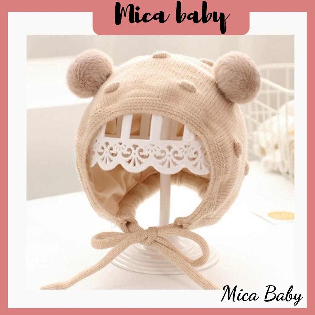 Mũ len dây buộc gắn bông đáng yêu cho bé Mica baby ML59