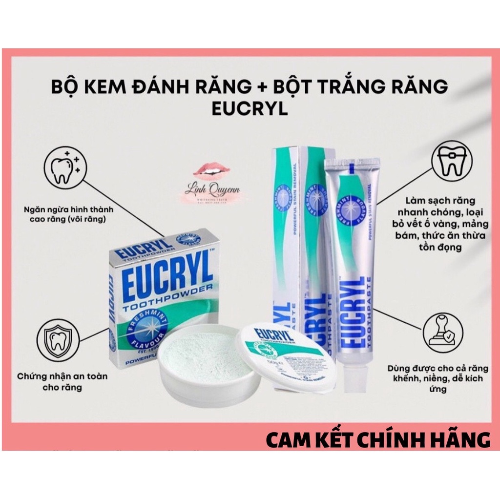 Combo Bột Tẩy Trắng Răng Eucryl Tooth Powder 50g và Kem đánh trắng răng Eucryl - HSD 2024- KÈM GIẤY PHÂN PHỐI CHÍNH HÃNG