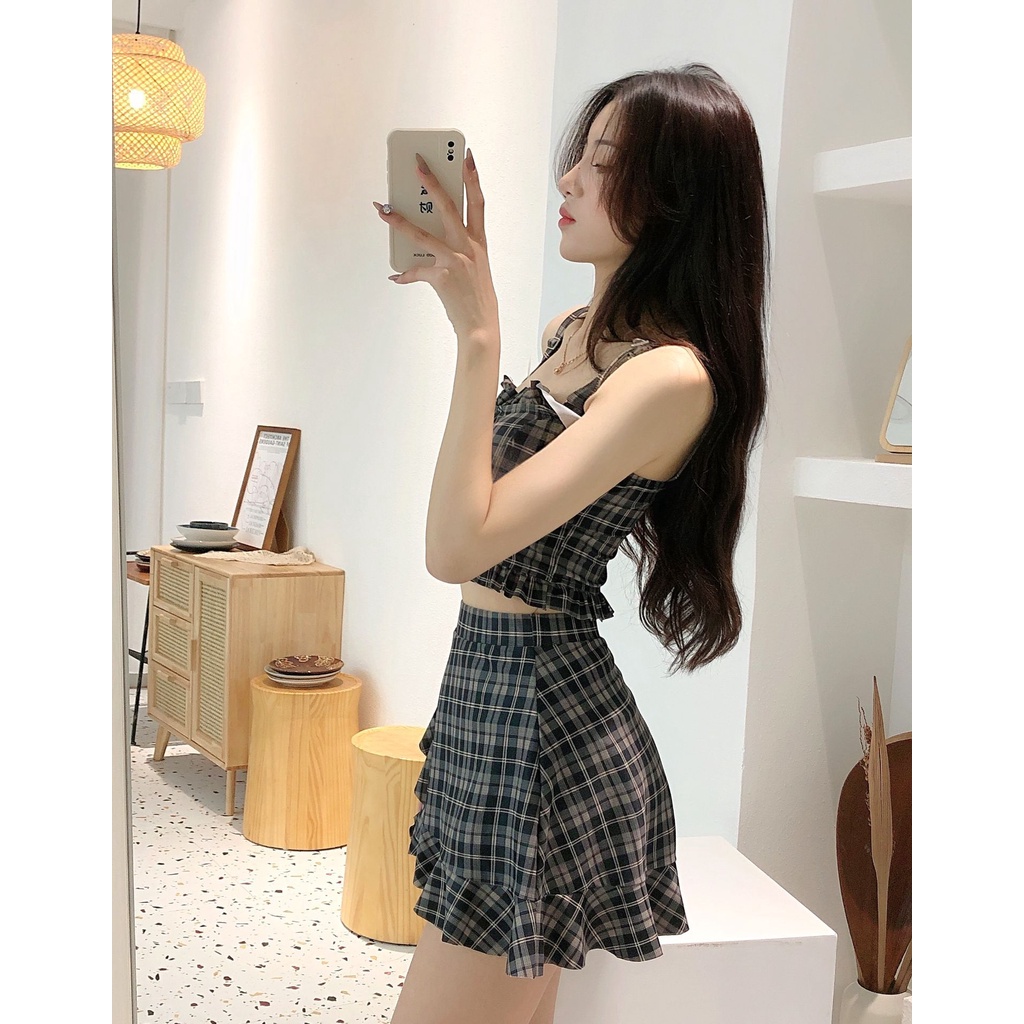 Mẫu mới 2023 Bikini Hàn Quốc áo nhún váy caro viền bèo Lolita dễ thương có quần váy kín đáo, đồ bơi xịn
