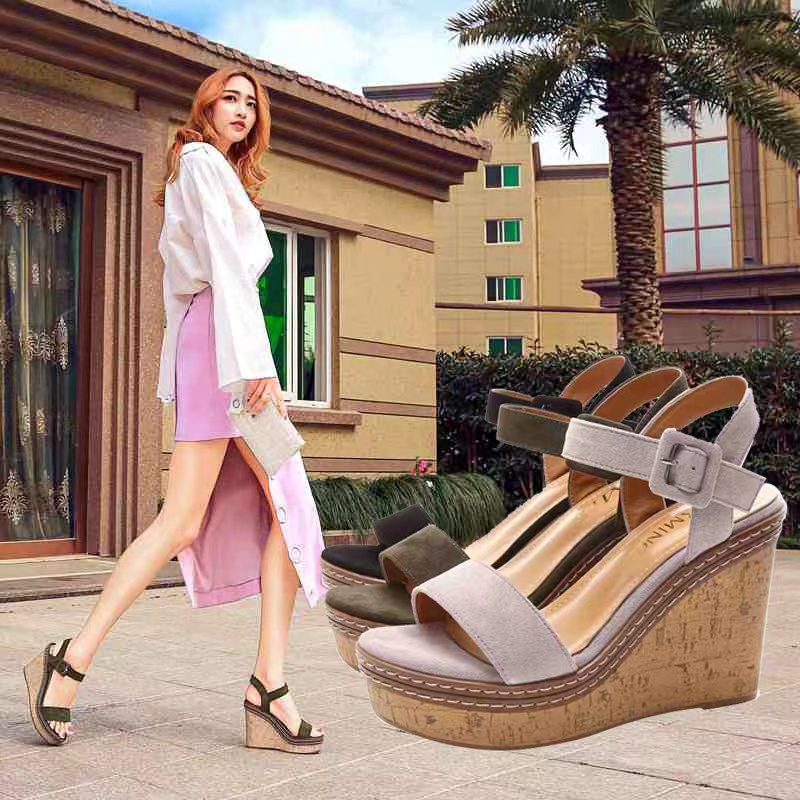 Giày Sandal Da Lộn Đế Xuồng Dày Dặn Chống Thấm Nước Phong Cách Âu Mỹ Mới Cho Nữ