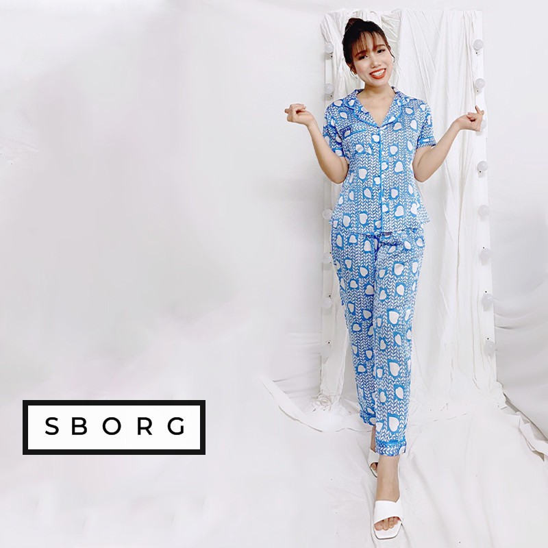 Bộ pijama lụa SBORG đồ bộ mặc nhà lụa satin họa tiết tay ngắn quần dài đẹp có túi 45-55kg quà tặng vợ và mẹ