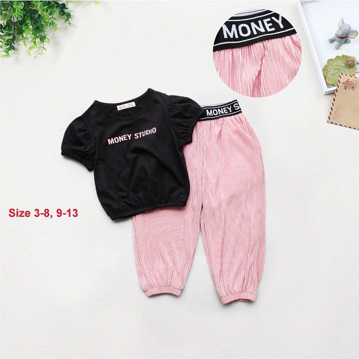 Bộ thun dài, Set áo croptop+quần ống bo, set đò năng động cho bé gái 012693
