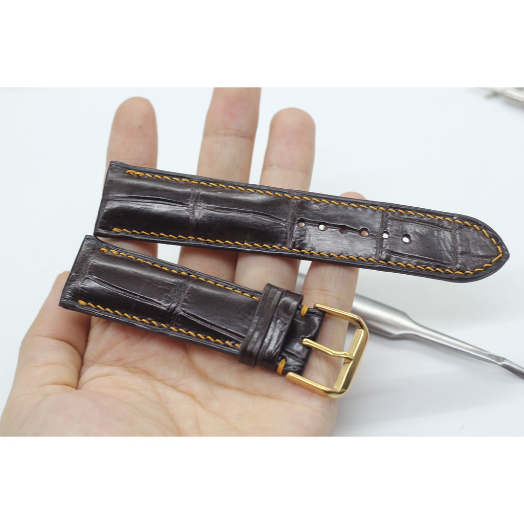 Dây Đồng Hồ Da,Dây Da Cá Sấu May Tay Kèm Khóa Kim,Nâu+Xanh Lá,BH 6 Tháng, Tặng Tool Tháo Và Chốt