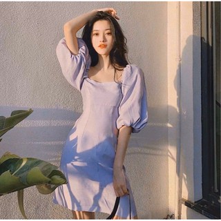 Đầm xòe tím cổ vuông tay phồng