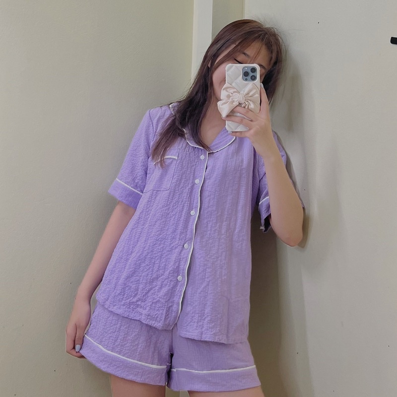 Bộ ngủ cộc tay pyjama Hàn Quốc màu tím dễ thương mùa hè thu