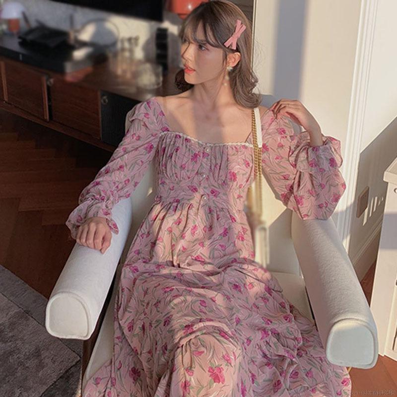 Đầm Tay Dài Cổ Vuông Họa Tiết Hoa Phong Cách Retro Hàn Quốc | BigBuy360 - bigbuy360.vn