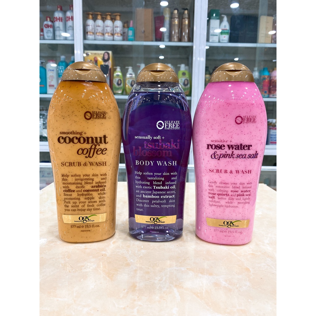 Sữa Tắm OGX Tẩy Tế Bào Chết Và Dưỡng Da Mềm Mịn USA 577ml