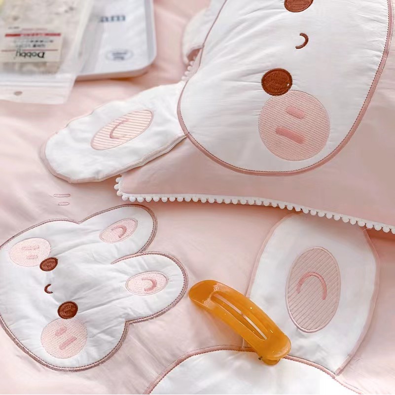 Bộ Chăn Ga Gối Cotton Linen 5 Món Thỏ Hồng Luna Bedding