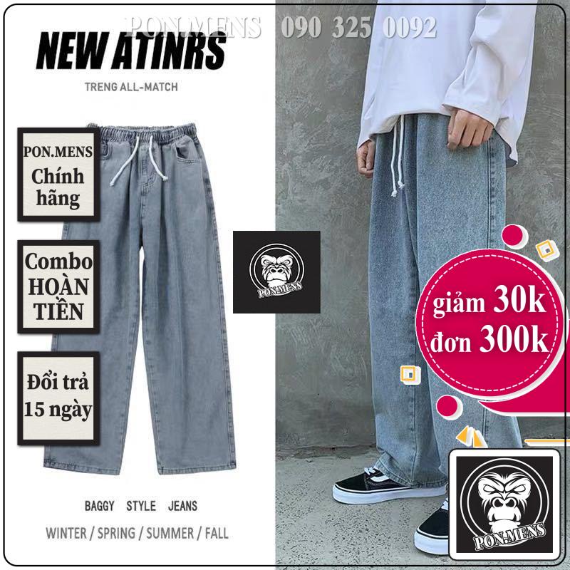 Quần jean ống suông nam nữ rộng lưng chun màu xanh pon.mens hà nội