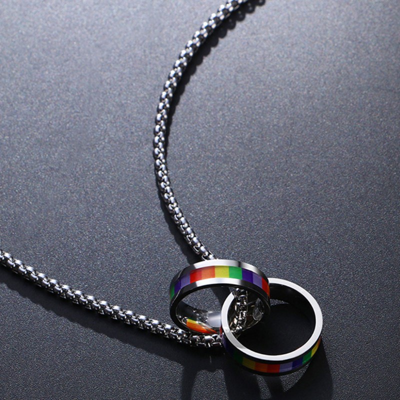 Dây chuyền cặp đôi mặt inox vòng cầu vồng kép cờ cộng đồng lgbt tự hào tình yêu