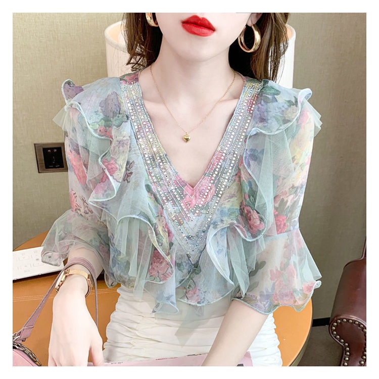 Áo Sơ Mi chiffon Viền Bèo Siêu Nữ Tính Phong Cách Hàn Quốc Thiết Kế Mới Mùa Hè Phương Tây