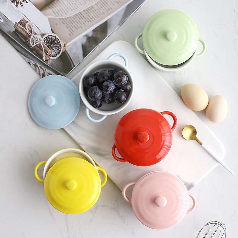Bát sứ ăn dặm hình tròn 2 tai có nắp - Nhiều màu