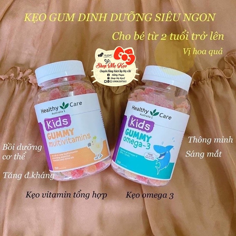 Kẹo dẻo Healthy Care Kids Gummy Omega 3/ Multivitamin, Úc (250 viên) bổ sung chất cho trẻ 2 tuổi trở lên