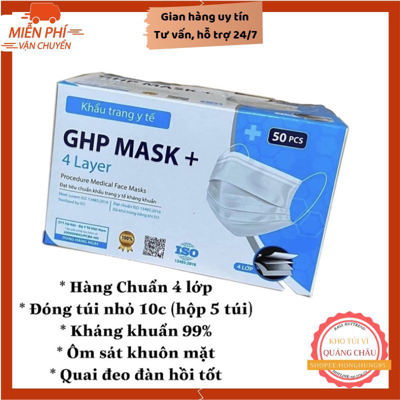 Khẩu Trang Y Tế FREESHIP Khẩu Trang 4 Lớp Kháng Khuẩn GHP MASK (hộp 50 cái Màu Trắng)