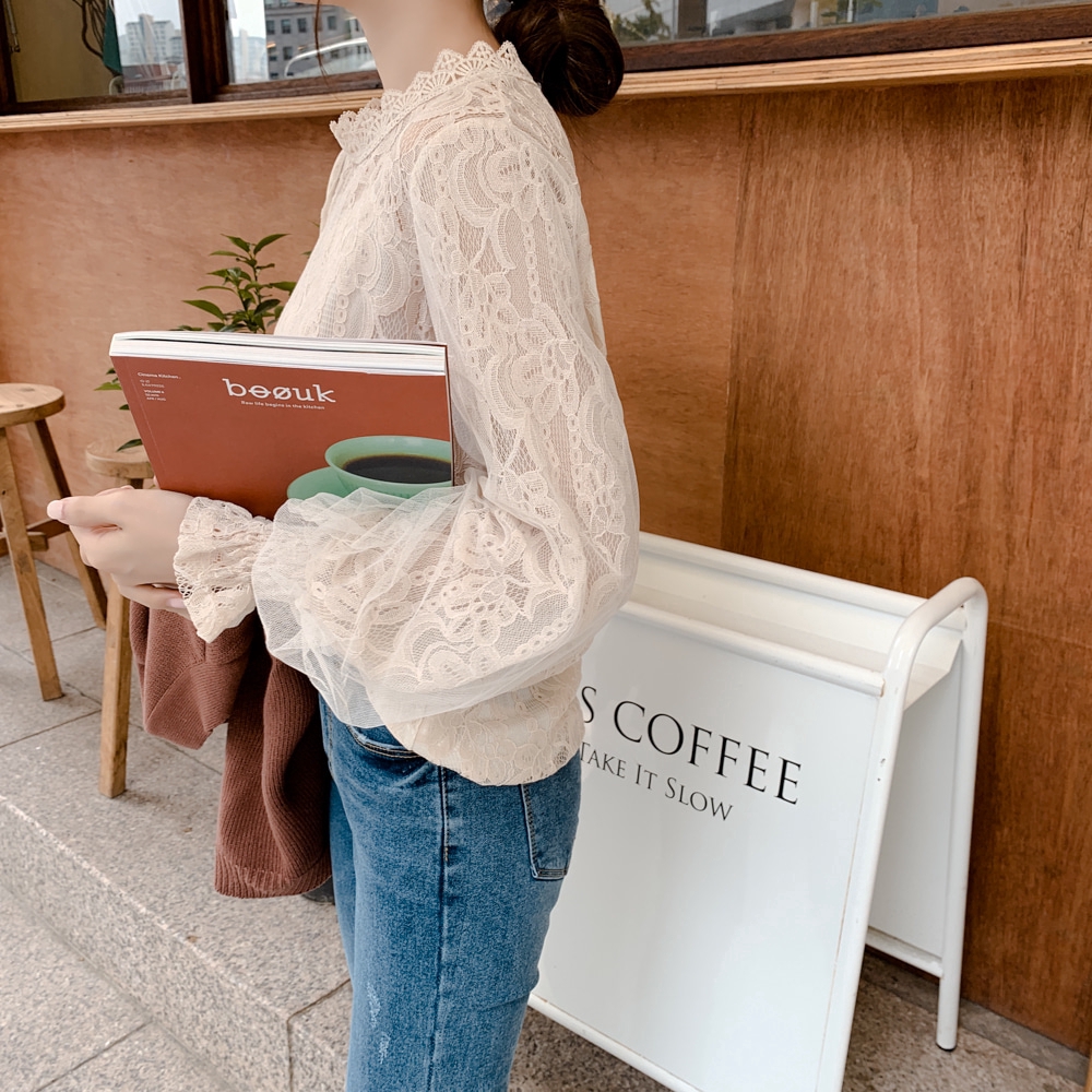 Áo sơ mi SUXI tay dài phối ren phong cách Hàn Quốc