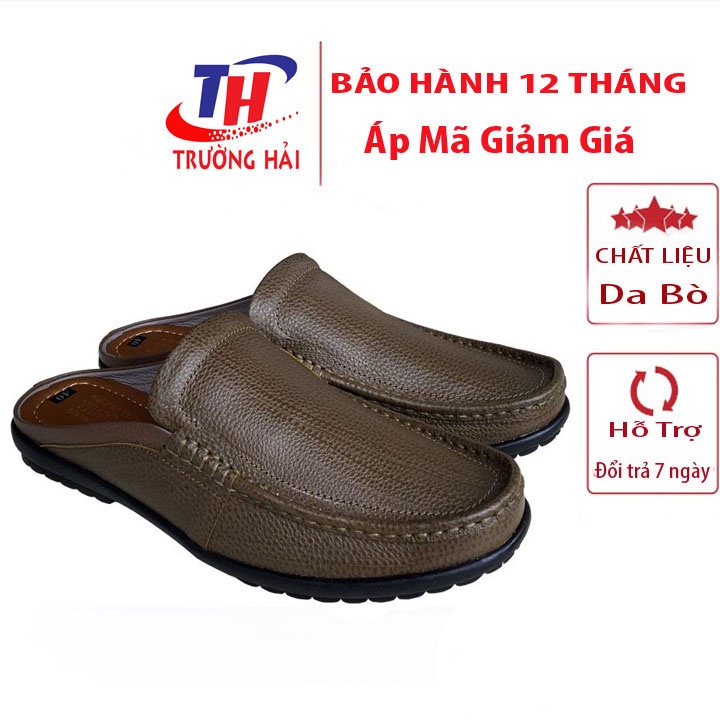 Dép Nam Bít Mũi Trường Hải Da Bò Thật Mềm Mại Màu xanh rêu Đế Cao Su Không trơn Dép May chắc chắn BM200
