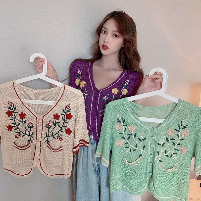 Áo Khoác Cardigan Dệt Kim Tay Ngắn Cổ Chữ V Thêu Hoa Xinh Xắn Cho Nữ | BigBuy360 - bigbuy360.vn