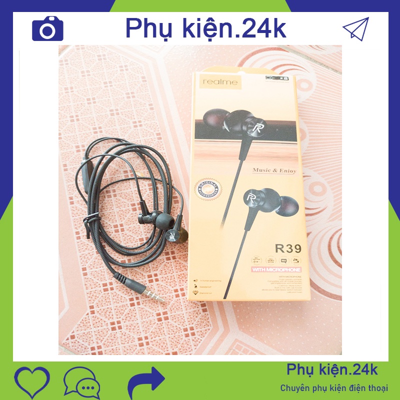 Tai nghe R39 hỗ trợ mic, jack 3.5 cùng thiết kế dây xoắn, tai nghe dây