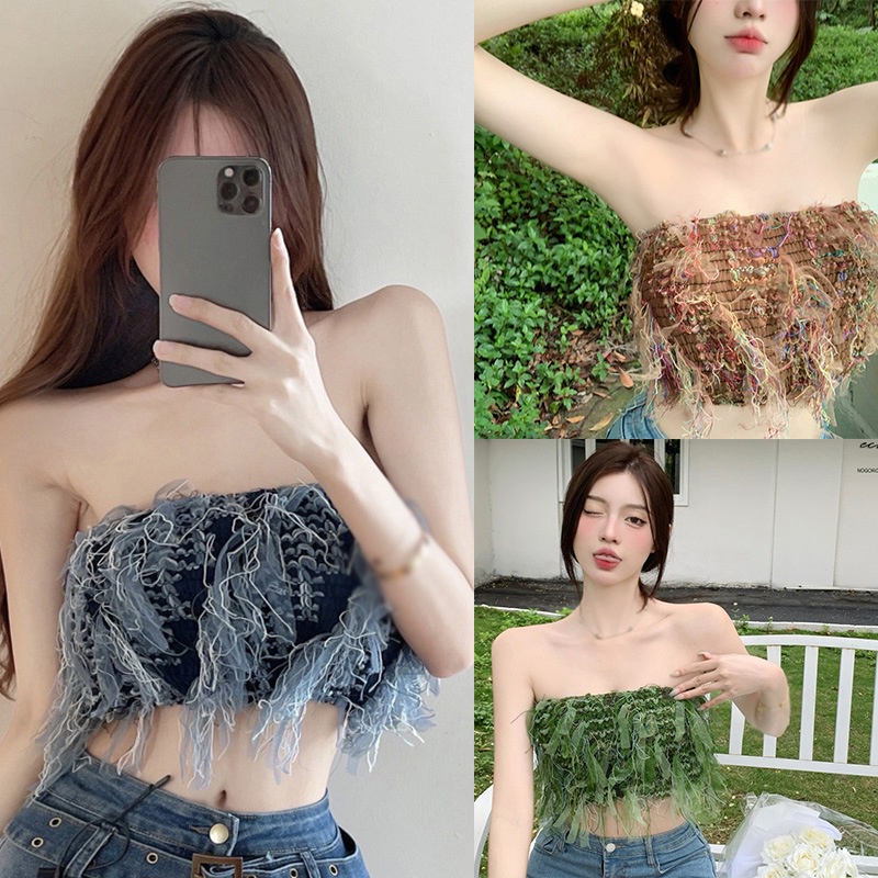 Áo Ống Không Tay Phối Tua Rua Nhiều Màu Sắc Phong Cách Hàn Quốc Quyến Rũ Dành Cho Nữ