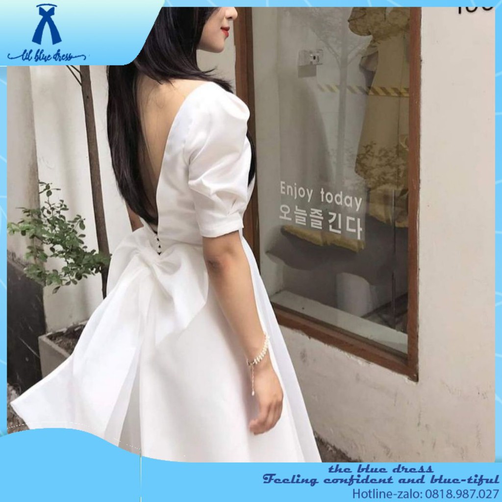 [CÓ SẴN] Đầm nữ trắng xòe nơ hở lưng dáng dài tay phồng Cindy Dress sang trọng bigsize dự tiệc lady xanh giá rẻ đẹp