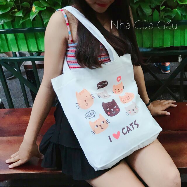 Túi tote vải canvas xịn mặt mèo cute