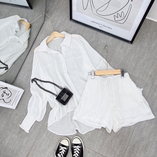 Set áo sơ mi tay dài + quần short trắng