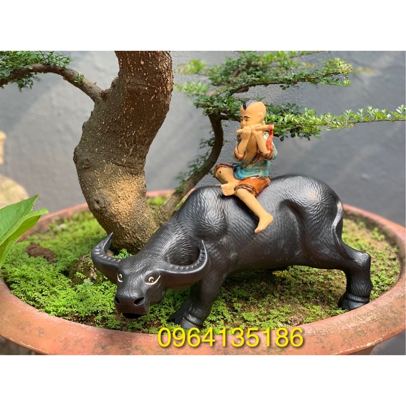 Tượng tiểu cảnh mục đồng cưỡi trâu dài 36cm gốm sứ Bát Tràng