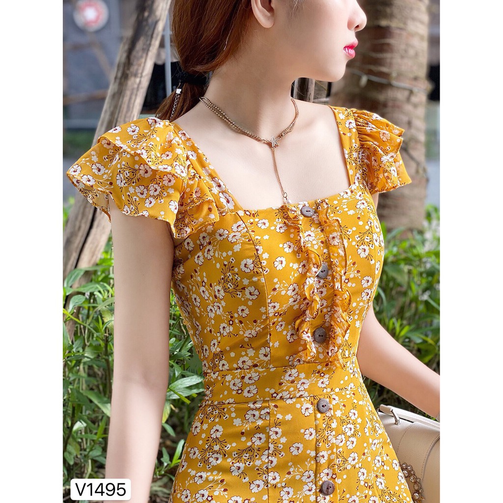 Đầm Váy Lụa Hoa Nhí Hàng Nút Tay Phồng Sang Chảnh Thời Trang Nữ Đi Chơi, Dự Tiệc