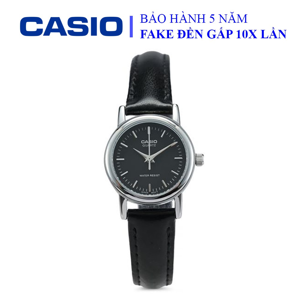 Đồng hồ Casio nữ dây da thể thao, mặt đen viền bạc sang trọng, quý phái, chống nước WR30M (LTP-1095E-1ADF)