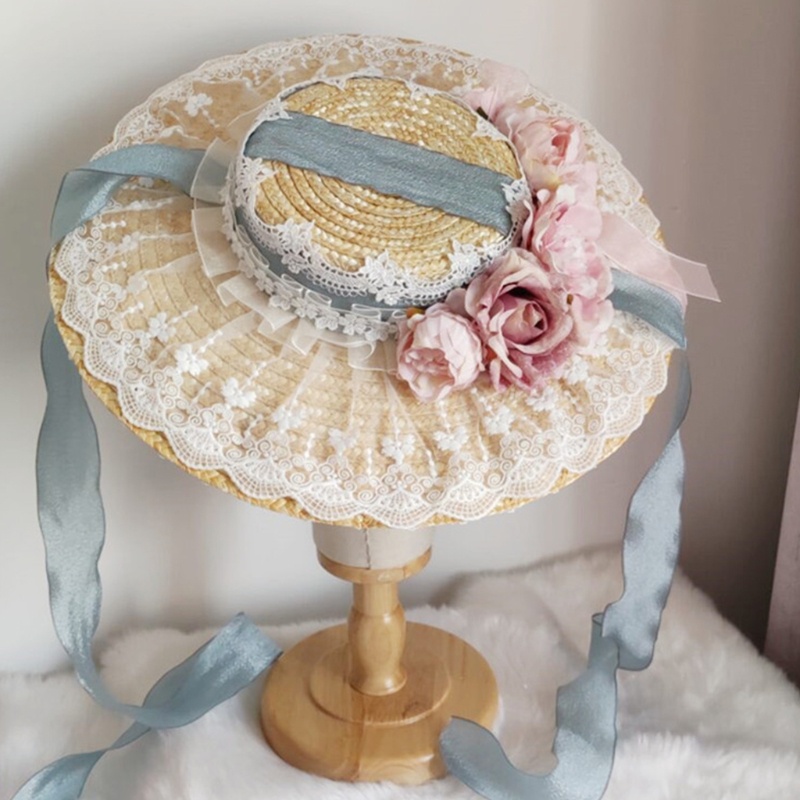 Mũ Cói Che Nắng Phối Ren Hoa Phong Cách Lolita Cổ Điển Cho Nữ
