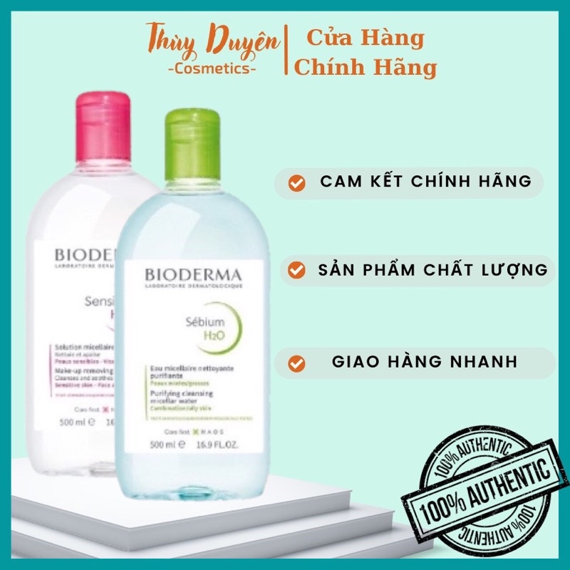 100% A U T H NƯỚC TẨY TRANG BIODERMA H2O LÀM SẠCH DA 500ML(NẮP NHẤN)