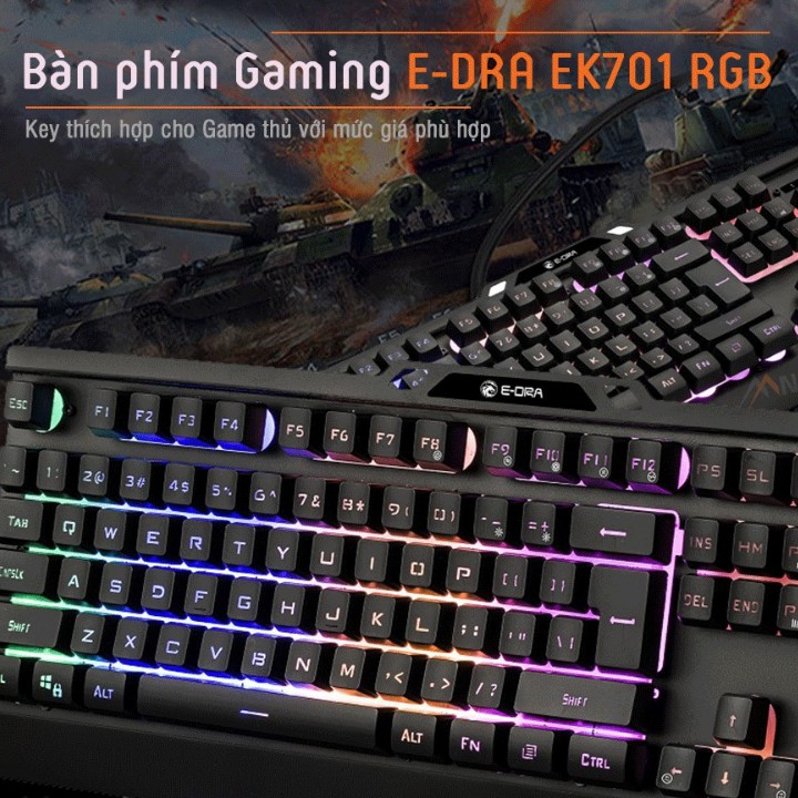 Bàn phím máy tính Gaming Edra EK701 , 2 màu đen - bạc , bàn phím giả cơ , chống nước , chống bụi