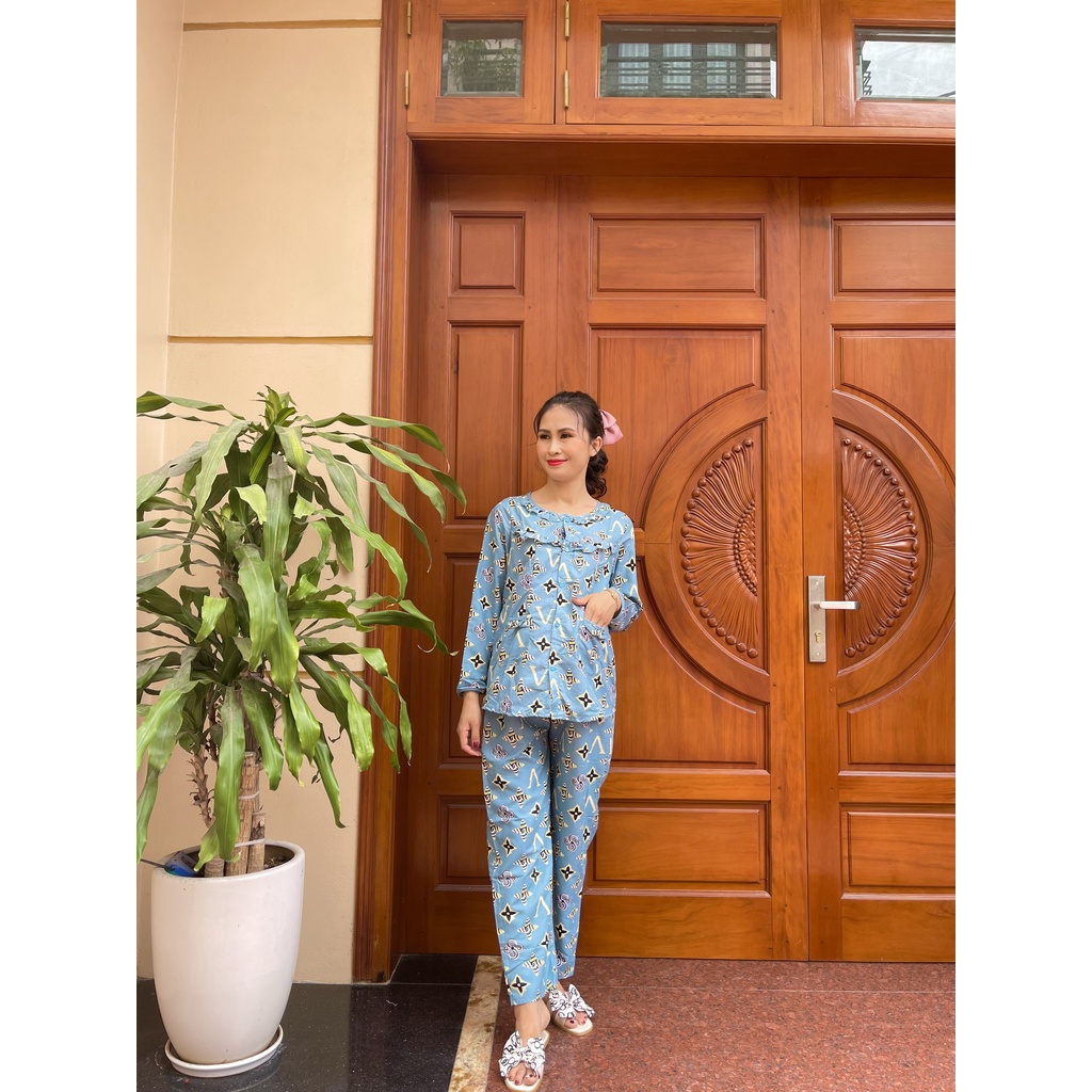 Bộ đồ bầu và sau sinh dài tay CHẤT KATE họa tiết siêu xinh áo có khóa cho con bú (Thanh Lý)