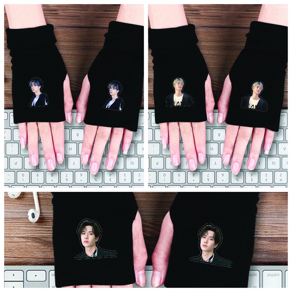 Găng tay len đen in hình Vương Nhất Bác thần tượng idol thời trang nam nữ ấm áp