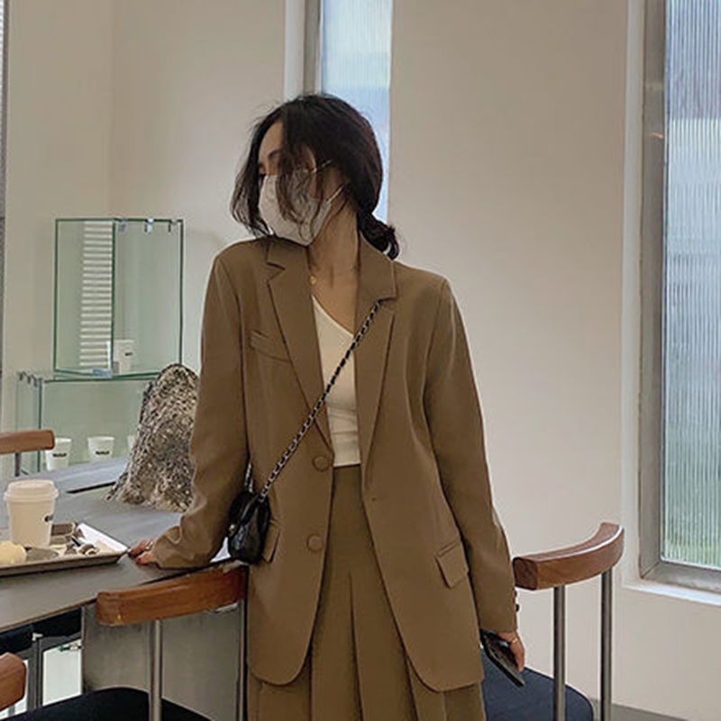 Set Áo Khoác Vest Màu Trơn + Chân Váy Xếp Ly Lưng Cao Thời Trang Hàn Quốc