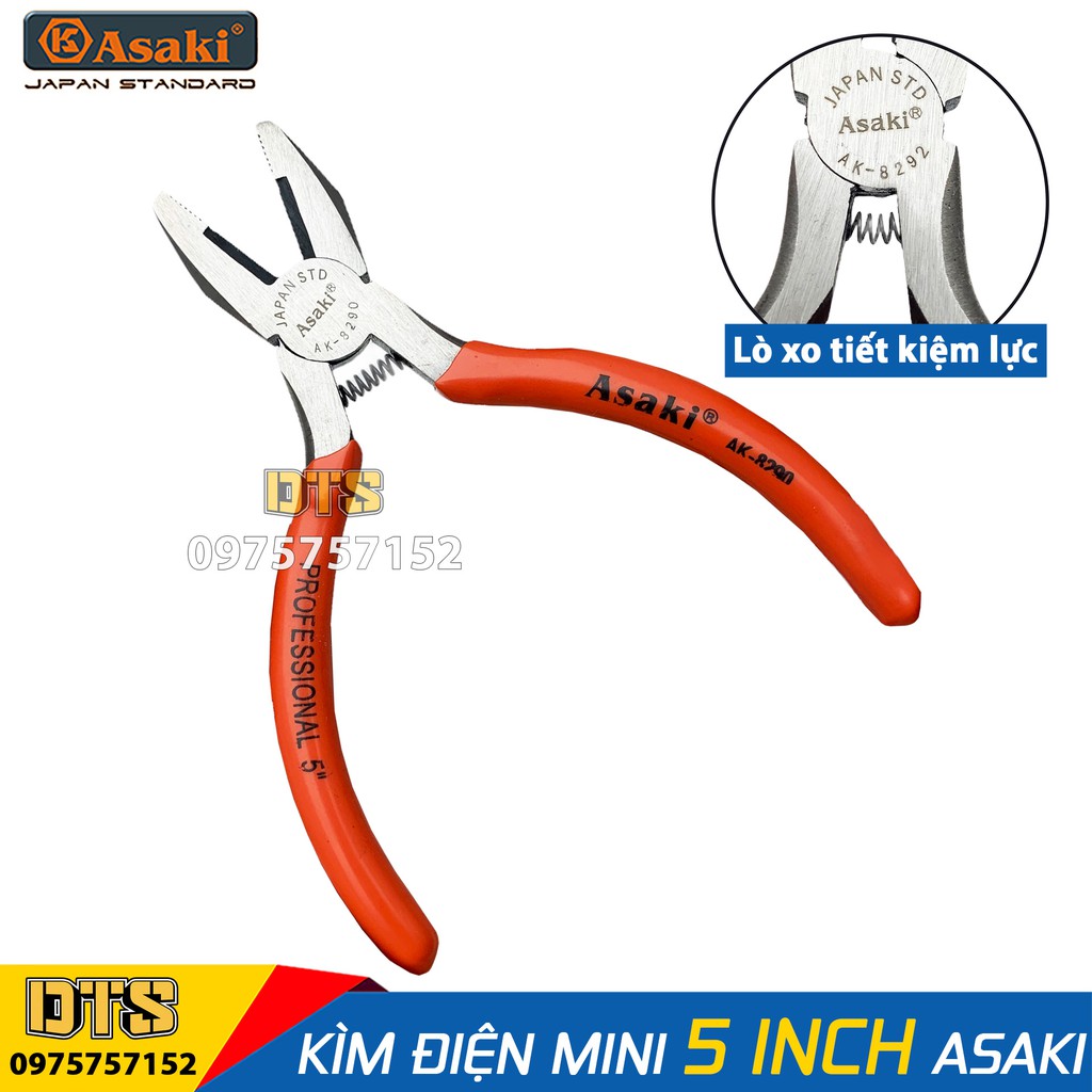 Kìm điện mini 5 inch Asaki JAPAN STD AK-8290 125mm, thép CR-V độ cứng cao, lò xo tích hợp tiết kiệm sức lực