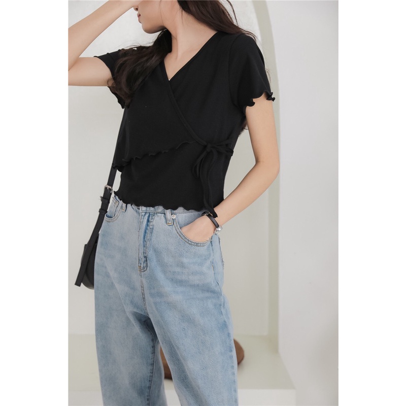 [EIGHTYK] Áo Croptop Tay Ngắn Đắp Chéo