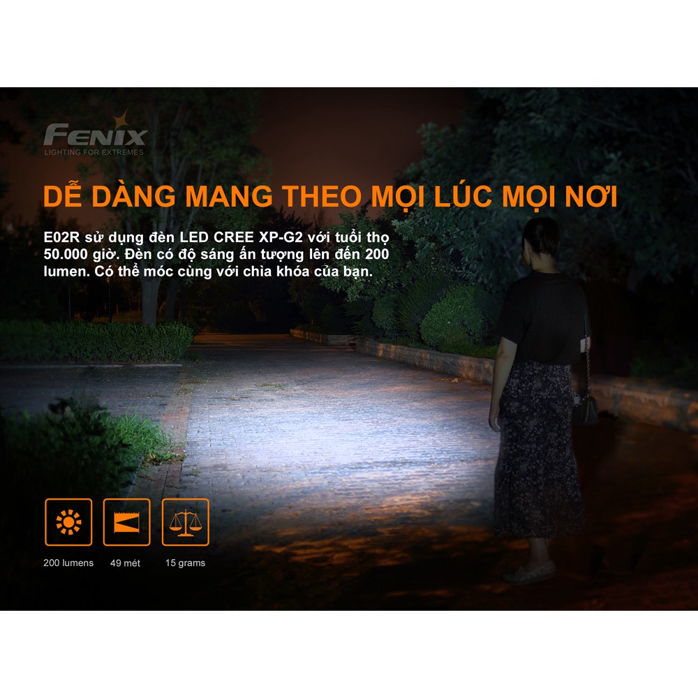 Đèn pin móc khóa FENIX E02R độ sáng 200 lumen chiếu xa 49m sạc Micro USB pin sạc 120mAh