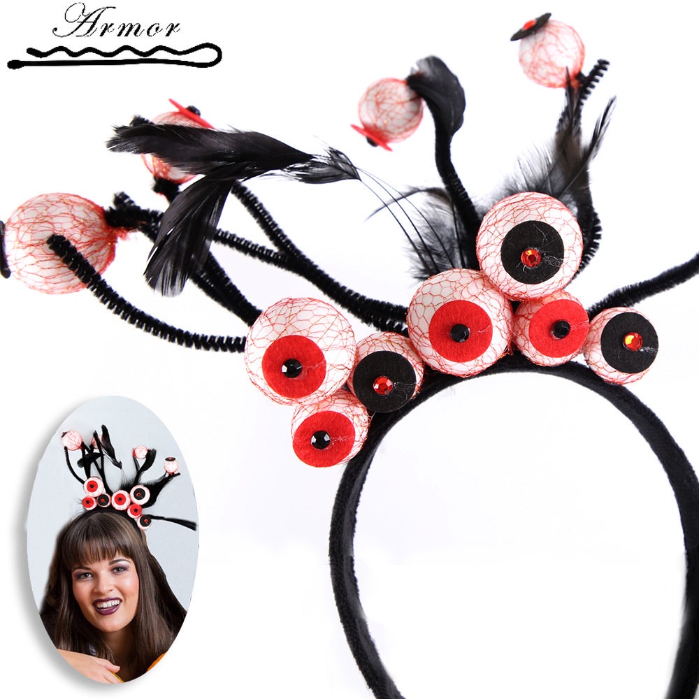 Cài Tóc Hình Đôi Mắt Kinh Dị Đính Lông Vũ Đen Hóa Trang Halloween Cho Người Lớn Và Trẻ Em