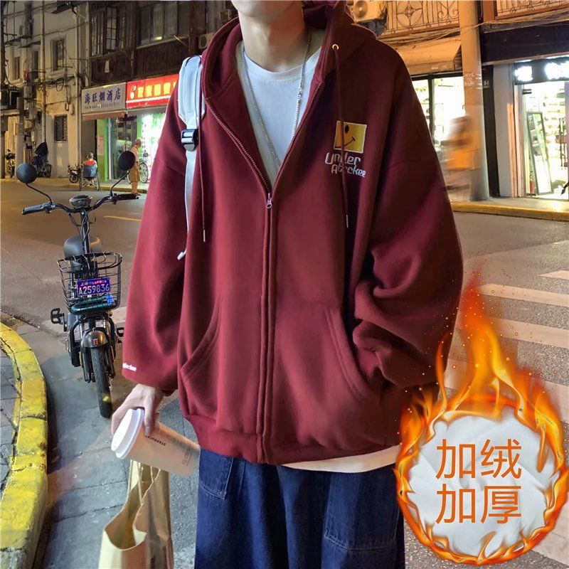 Áo Khoác Hoodie Len Phối Nhung Dày Dáng Rộng Có Khóa Kéo Thời Trang Cho Nam