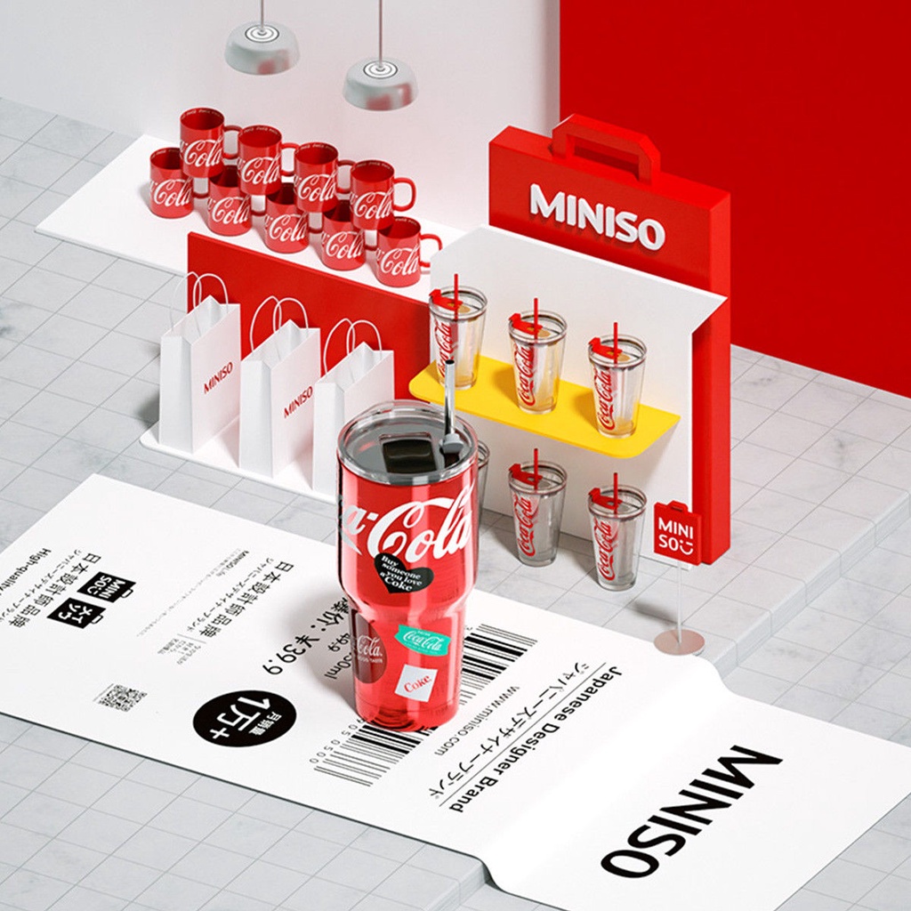 Cốc đựng nước MINISO họa tiết Coca-cola bằng thép không gỉ dung tích lớn kèm ống hút