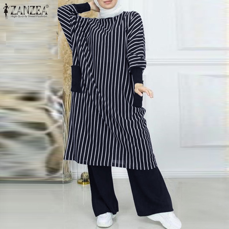 ZANZEA Set Áo Tay Dài Kẻ Sọc Và Quần Dài Lưng Thun Thời Trang Cho Phụ Nữ Hồi Giáo