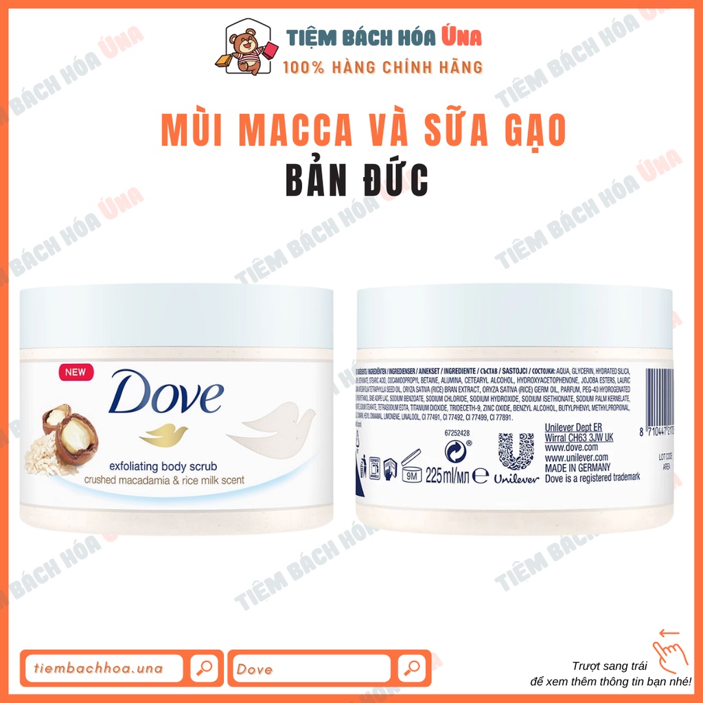 [Hàng Đức/US] Tẩy tế bào chết Dove Exfoliating Body Polish 225ml hương lựu, macca, kiwi