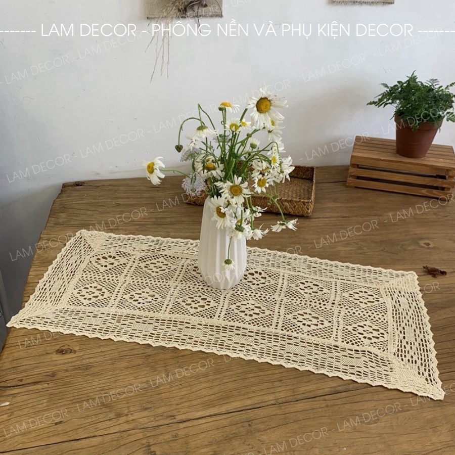 Khăn trải bàn vintage - Khăn ren trải bàn hình chữ nhật decor phòng khách, phòng ngủ