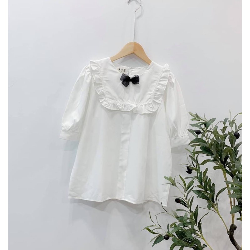 Áo sơ mi trắng ngắn tay viền bèo nơ cổ xinh xắn Ulzzang