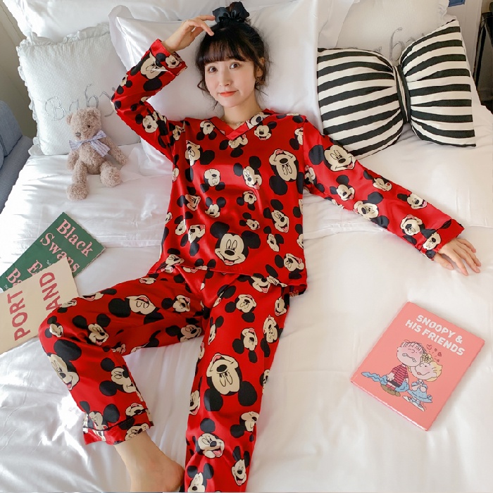 Bộ Đồ Ngủ Tay Dài Chất Lụa Satin Thời Trang Phong Cách Hàn Quốc Cho Nữ