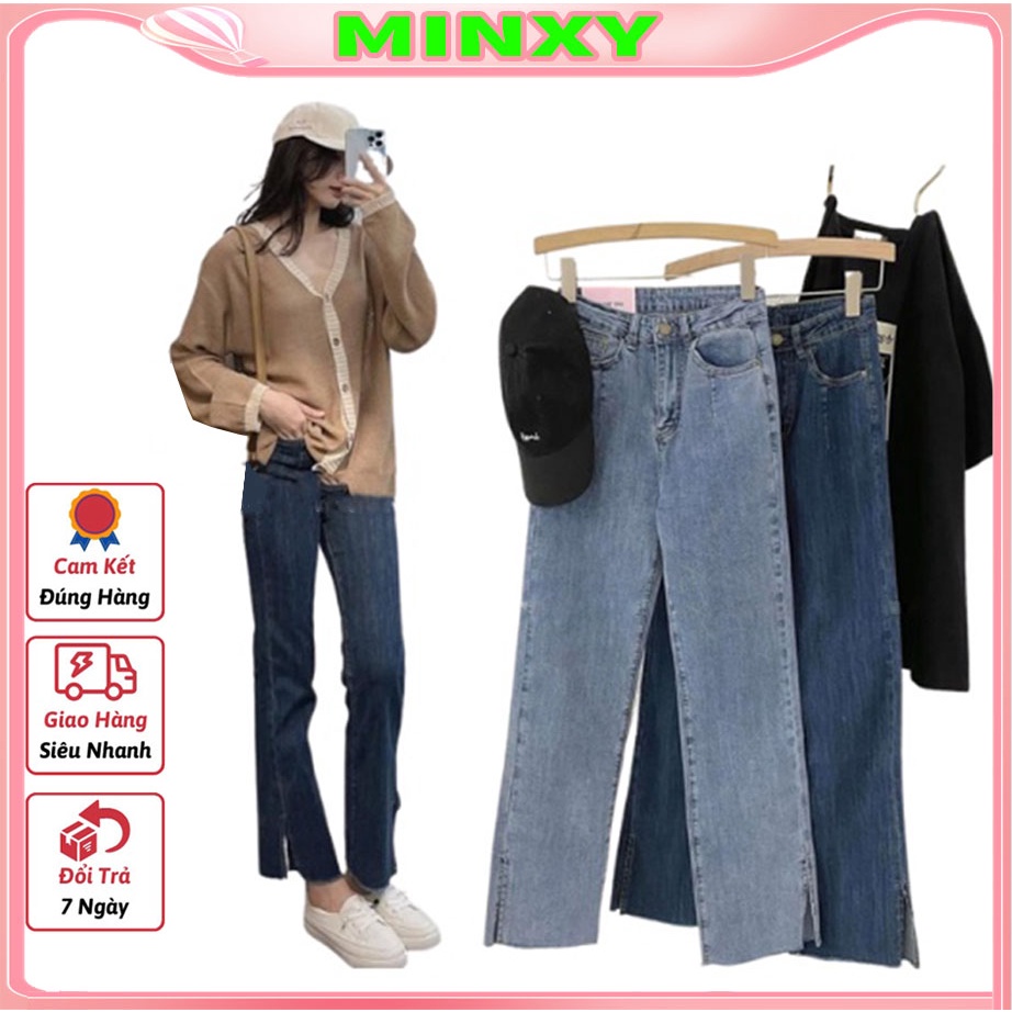 Quần jean nữ ống đứng dáng lửng xẻ gấu cao cấp phong cách Hàn Quốc, quần bò nữ ống ngắn suông có co giãn-Minxy