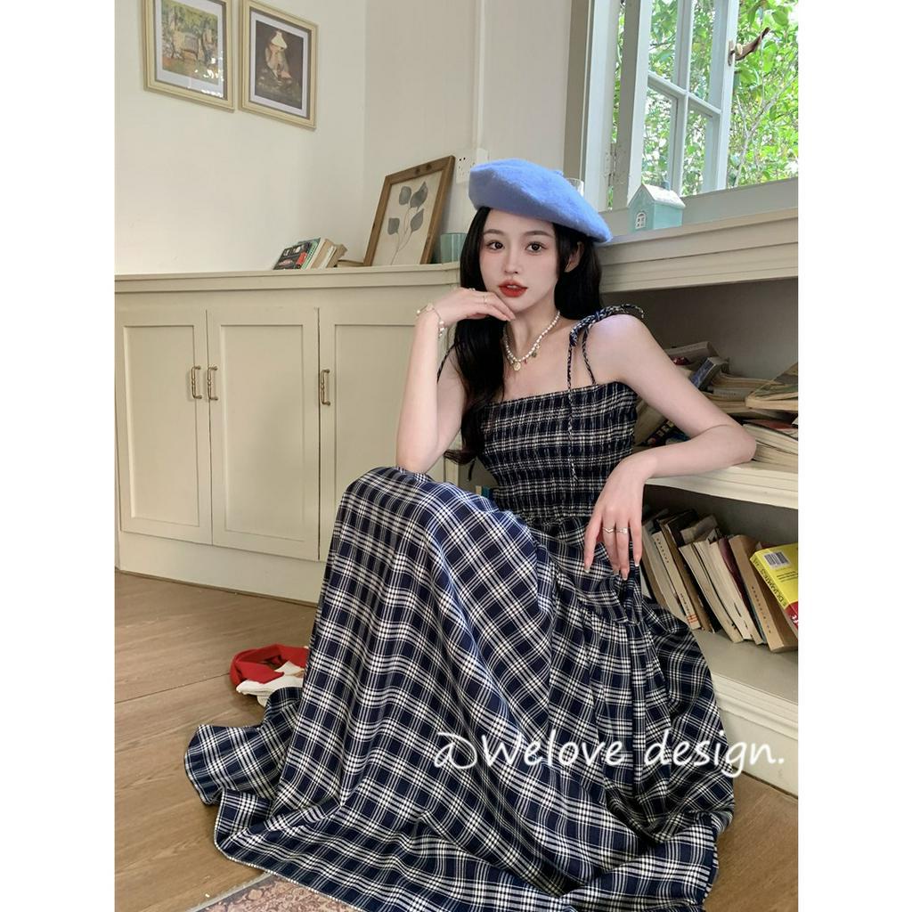 「 WELOVE1 」Đầm Midi Hai Dây Dáng Vừa Kẻ Sọc Caro Nhiều Màu Phong Cách Pháp Cho Nữ