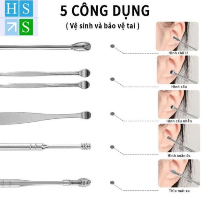 (Bán sỉ) Bộ dụng cụ lấy ráy tai 6 chi tiết THÉP KHÔNG GỈ kèm hộp đựng móc khóa tiện dụng giữ vệ sinh - HS Shop Đà Nẵng