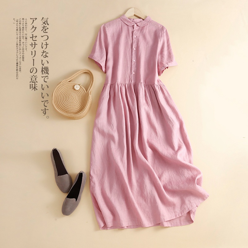 Đầm Sơ Mi Vải Lanh Cotton Cổ Búp Bê Dáng Rộng Thương Hiệu Cắt Nhãn Hàng Đầu Kiểu Pháp Cho Nữ